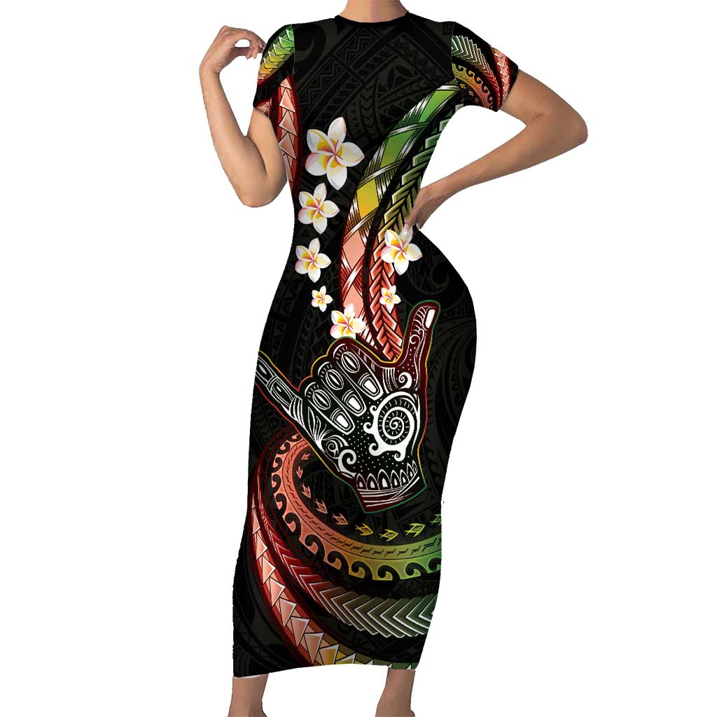 Hawaii Shaka Sign Short Sleeve Bodycon Dress Fantastic Frangipani Reggae