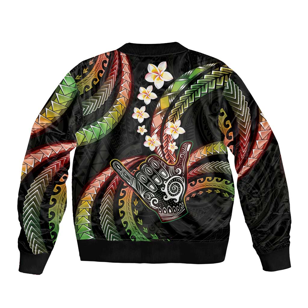 Hawaii Shaka Sign Sleeve Zip Bomber Jacket Fantastic Frangipani Reggae