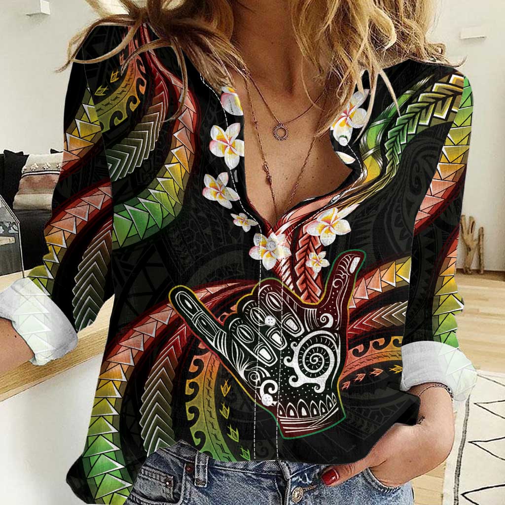 Hawaii Shaka Sign Women Casual Shirt Fantastic Frangipani Reggae