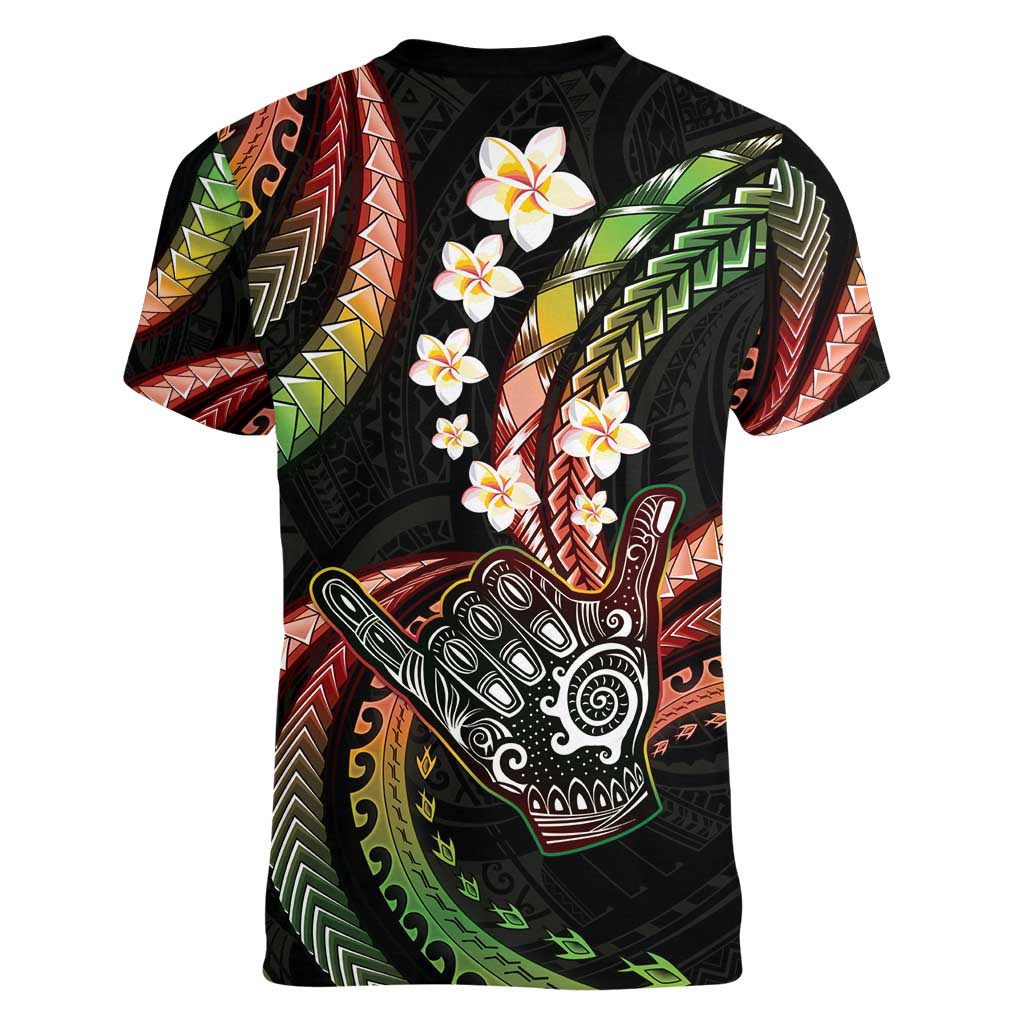 Hawaii Shaka Sign Women V-Neck T-Shirt Fantastic Frangipani Reggae