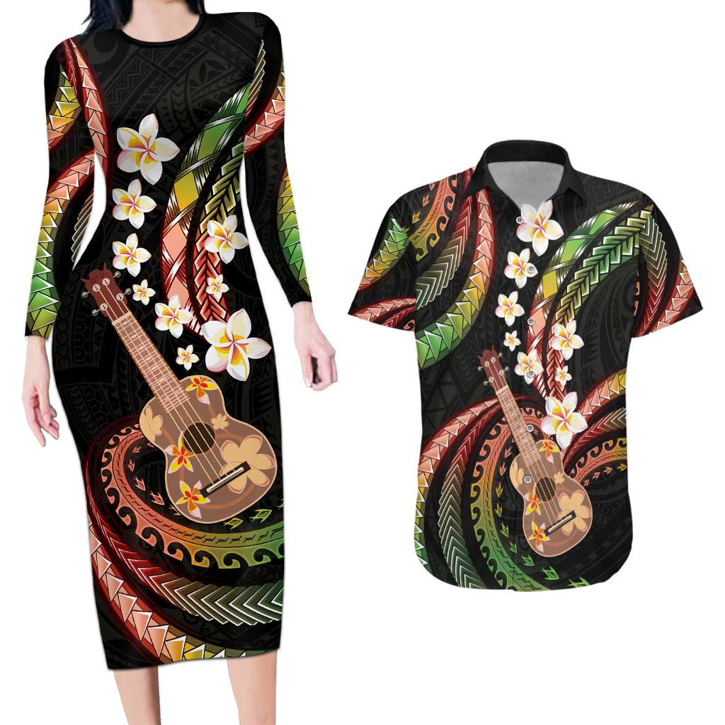 Hawaiian Ukulele Couples Matching Long Sleeve Bodycon Dress and Hawaiian Shirt Jawaiian Fantastic Plumeria