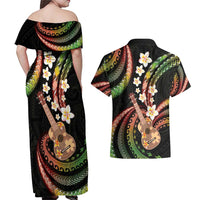 Hawaiian Ukulele Couples Matching Off Shoulder Maxi Dress and Hawaiian Shirt Jawaiian Fantastic Plumeria