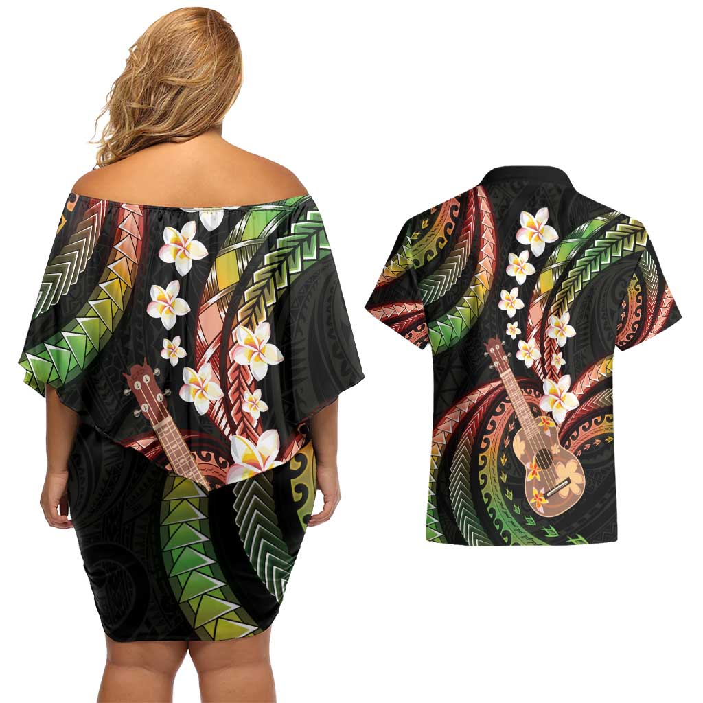 Hawaiian Ukulele Couples Matching Off Shoulder Short Dress and Hawaiian Shirt Jawaiian Fantastic Plumeria