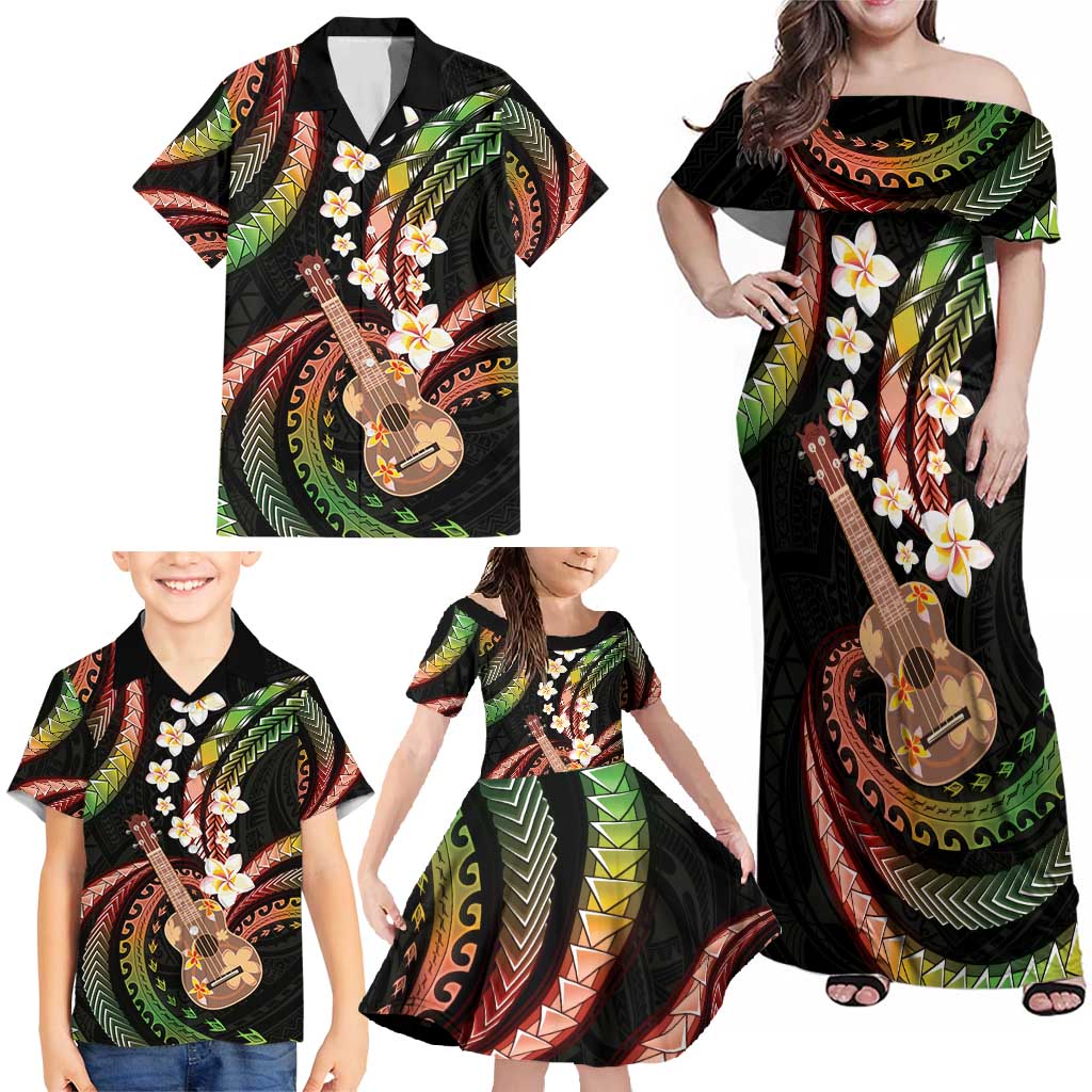 Hawaiian Ukulele Family Matching Off Shoulder Maxi Dress and Hawaiian Shirt Jawaiian Fantastic Plumeria