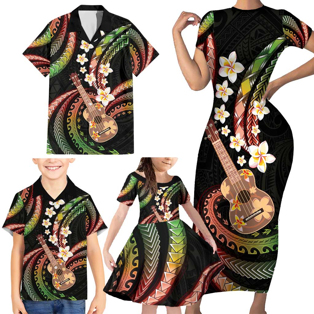 Hawaiian Ukulele Family Matching Short Sleeve Bodycon Dress and Hawaiian Shirt Jawaiian Fantastic Plumeria