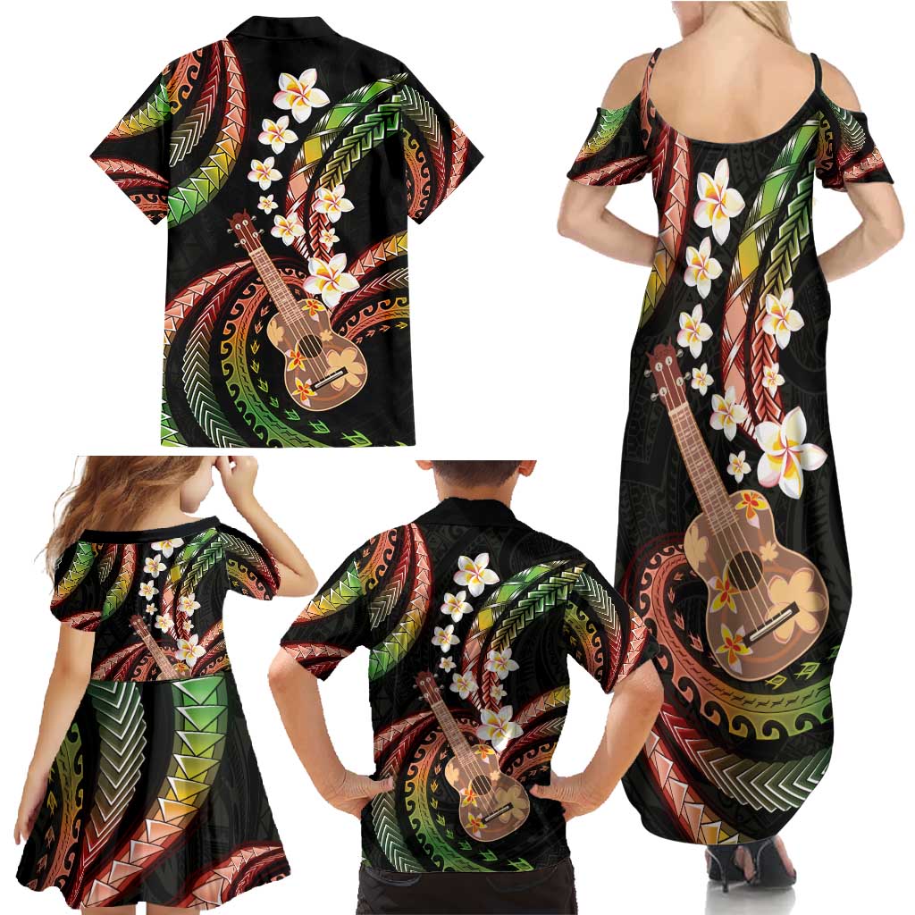Hawaiian Ukulele Family Matching Summer Maxi Dress and Hawaiian Shirt Jawaiian Fantastic Plumeria