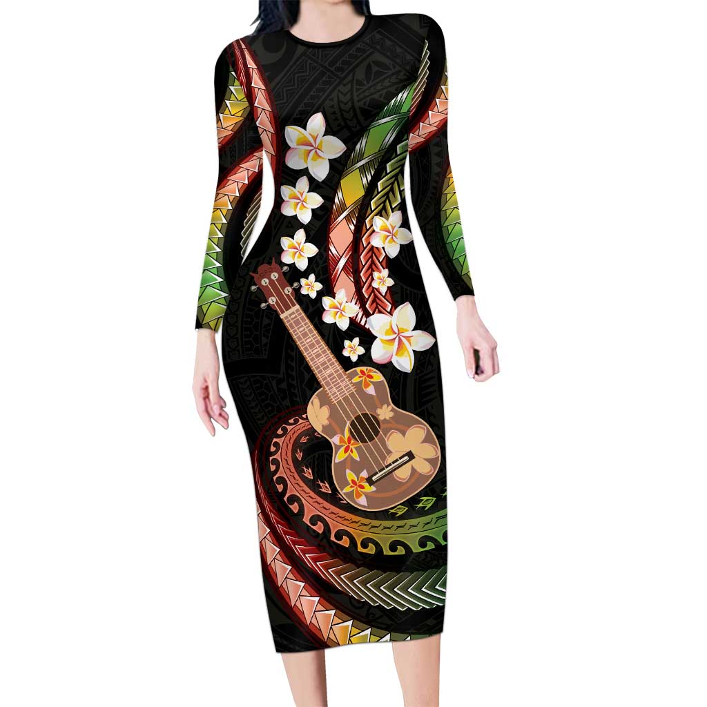 Hawaiian Ukulele Long Sleeve Bodycon Dress Jawaiian Fantastic Plumeria