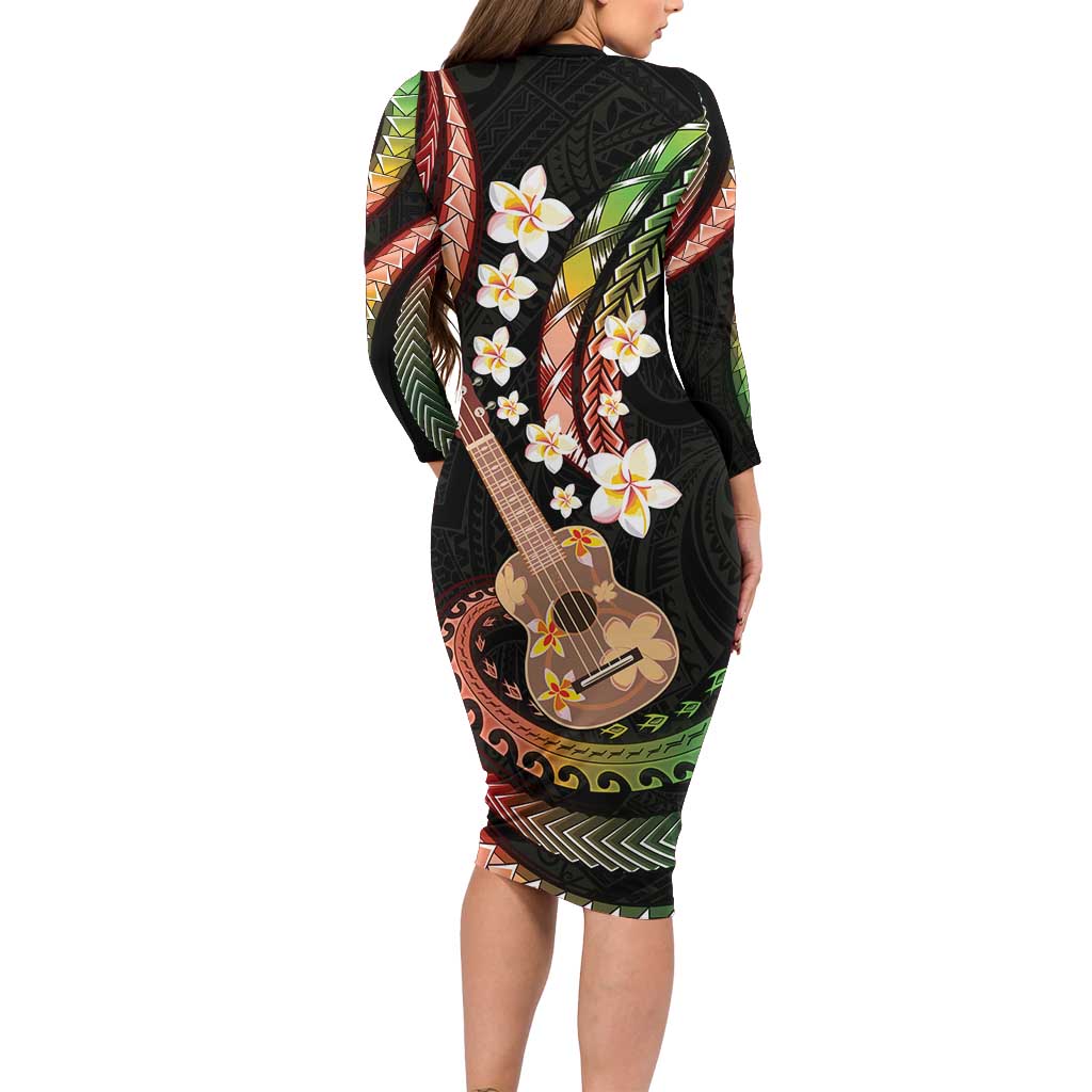 Hawaiian Ukulele Long Sleeve Bodycon Dress Jawaiian Fantastic Plumeria