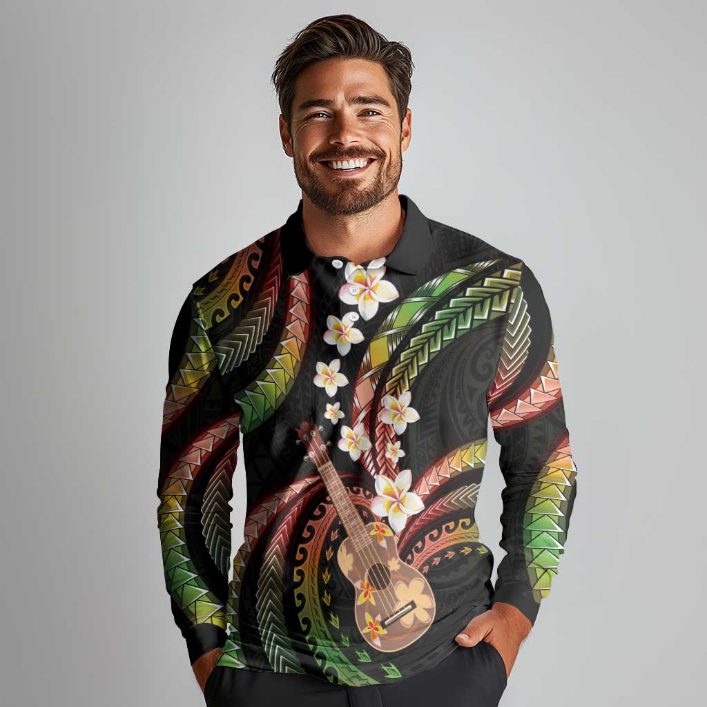 Hawaiian Ukulele Long Sleeve Polo Shirt Jawaiian Fantastic Plumeria