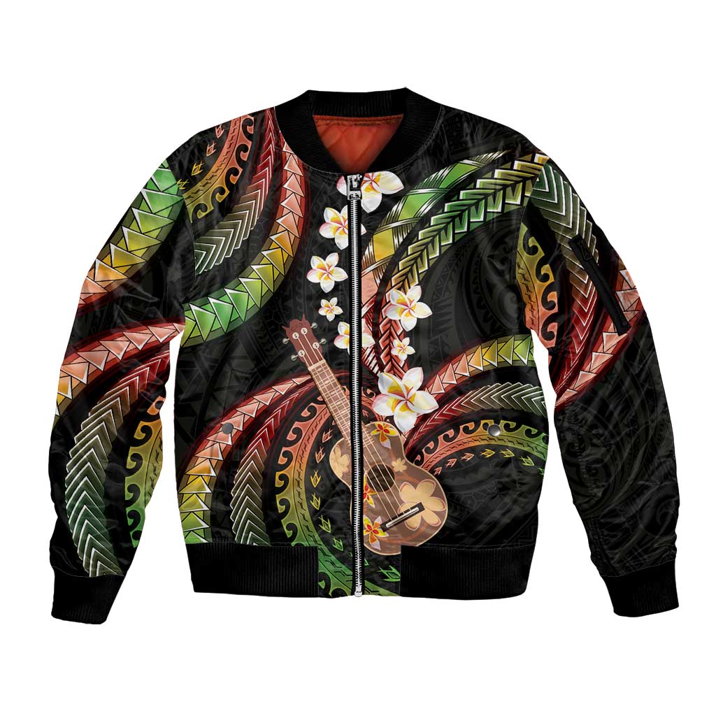 Hawaiian Ukulele Sleeve Zip Bomber Jacket Jawaiian Fantastic Plumeria