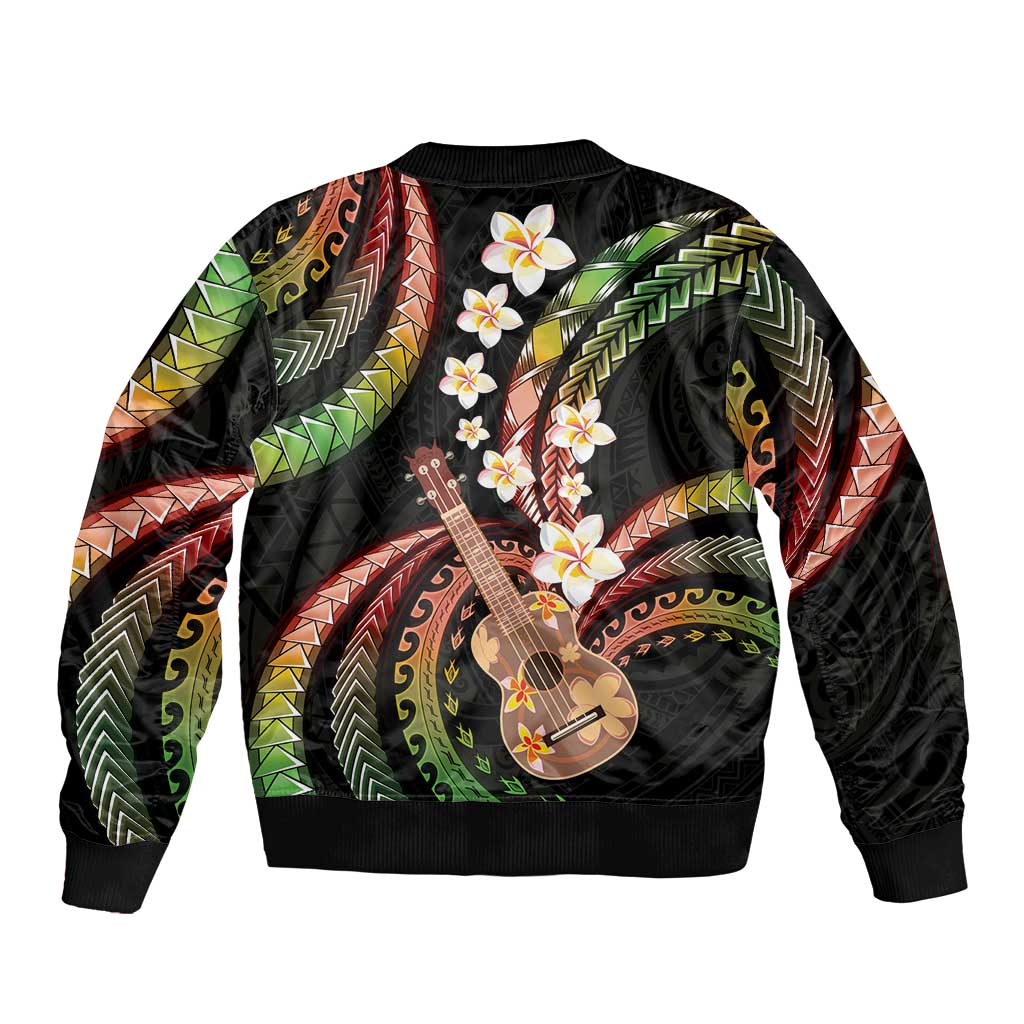 Hawaiian Ukulele Sleeve Zip Bomber Jacket Jawaiian Fantastic Plumeria