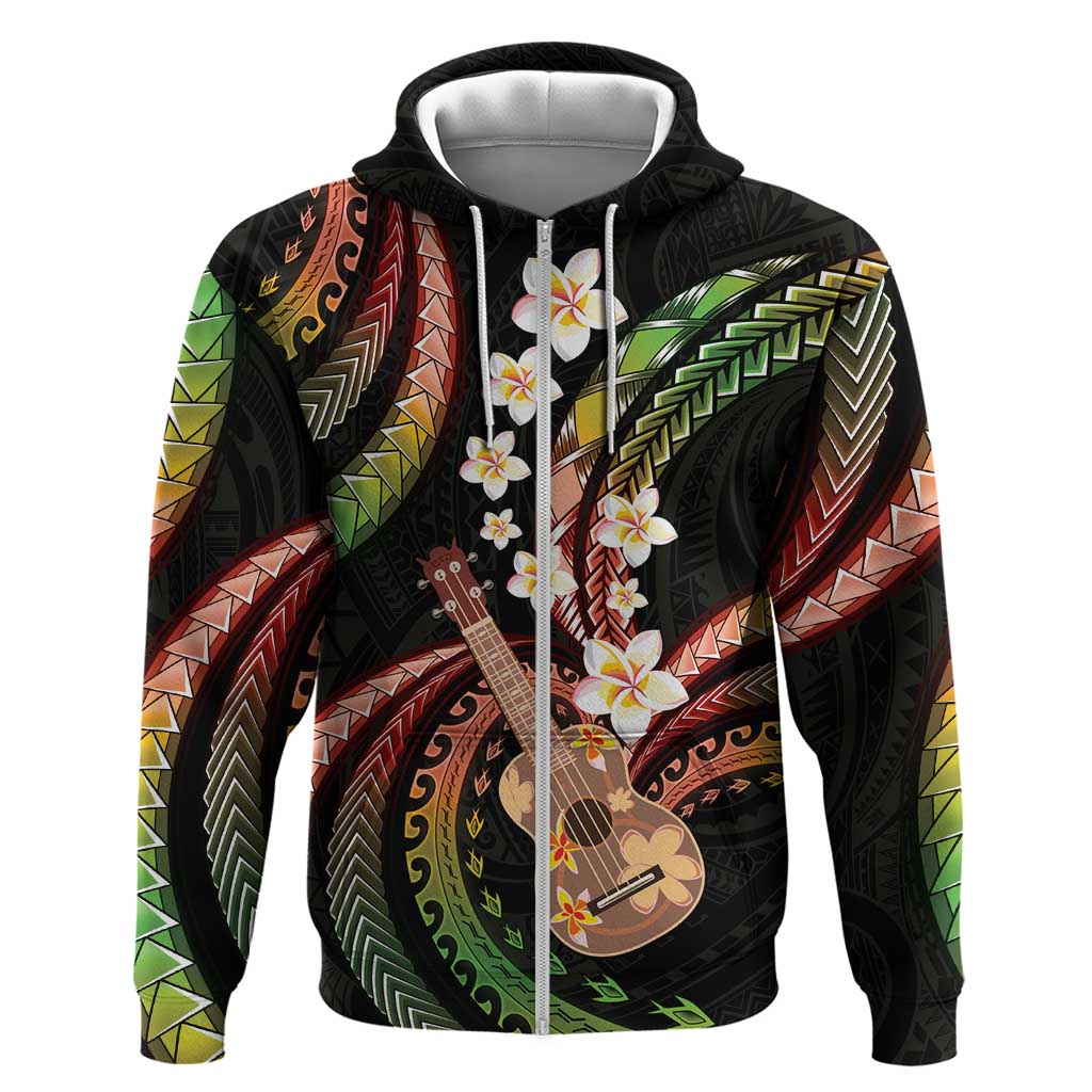 Hawaiian Ukulele Zip Hoodie Jawaiian Fantastic Plumeria