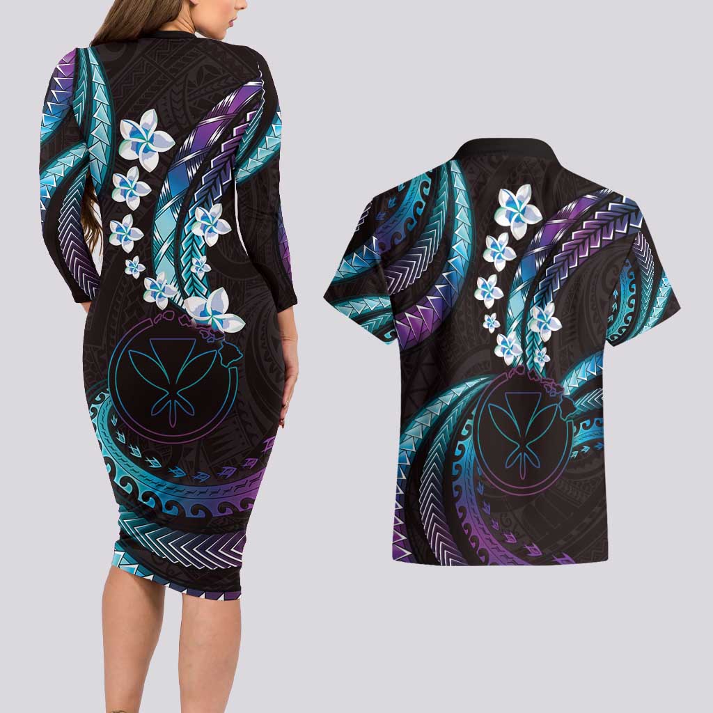 Hawaii Map Kanaka Maoli Couples Matching Long Sleeve Bodycon Dress and Hawaiian Shirt Fantastic Frangipani Amethyst Gradient