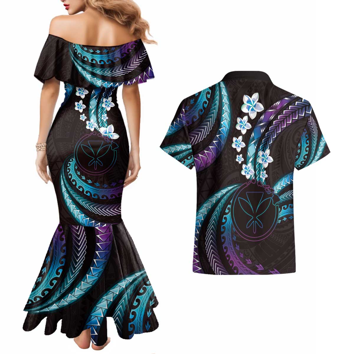 Hawaii Map Kanaka Maoli Couples Matching Mermaid Dress and Hawaiian Shirt Fantastic Frangipani Amethyst Gradient