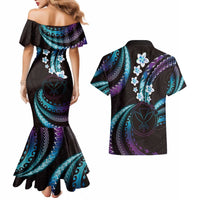Hawaii Map Kanaka Maoli Couples Matching Mermaid Dress and Hawaiian Shirt Fantastic Frangipani Amethyst Gradient