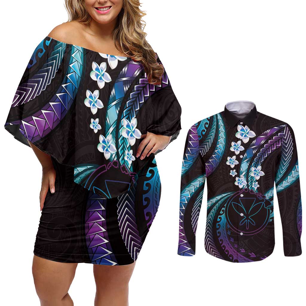 Hawaii Map Kanaka Maoli Couples Matching Off Shoulder Short Dress and Long Sleeve Button Shirt Fantastic Frangipani Amethyst Gradient