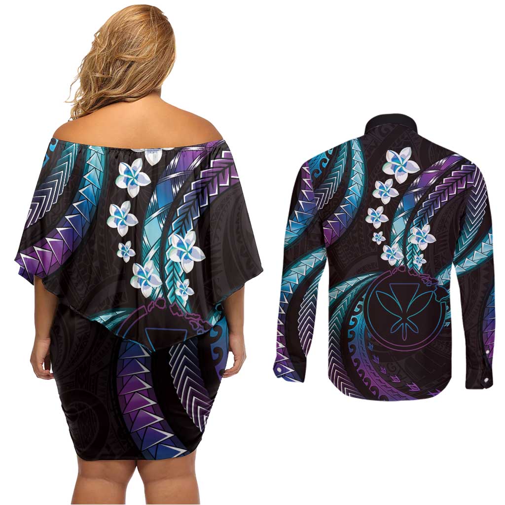Hawaii Map Kanaka Maoli Couples Matching Off Shoulder Short Dress and Long Sleeve Button Shirt Fantastic Frangipani Amethyst Gradient
