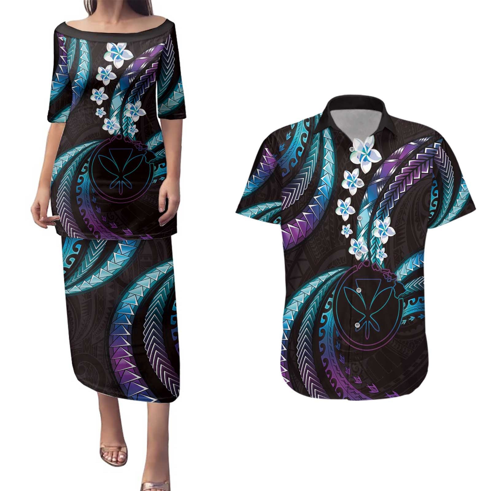 Hawaii Map Kanaka Maoli Couples Matching Puletasi and Hawaiian Shirt Fantastic Frangipani Amethyst Gradient