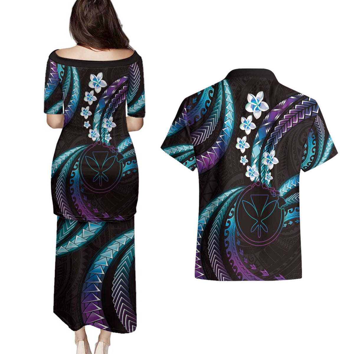 Hawaii Map Kanaka Maoli Couples Matching Puletasi and Hawaiian Shirt Fantastic Frangipani Amethyst Gradient