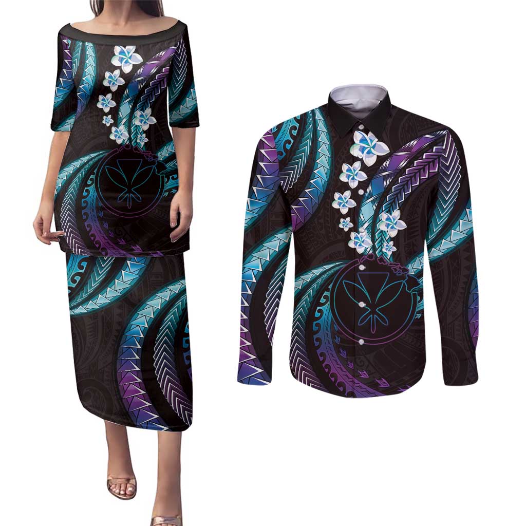 Hawaii Map Kanaka Maoli Couples Matching Puletasi and Long Sleeve Button Shirt Fantastic Frangipani Amethyst Gradient
