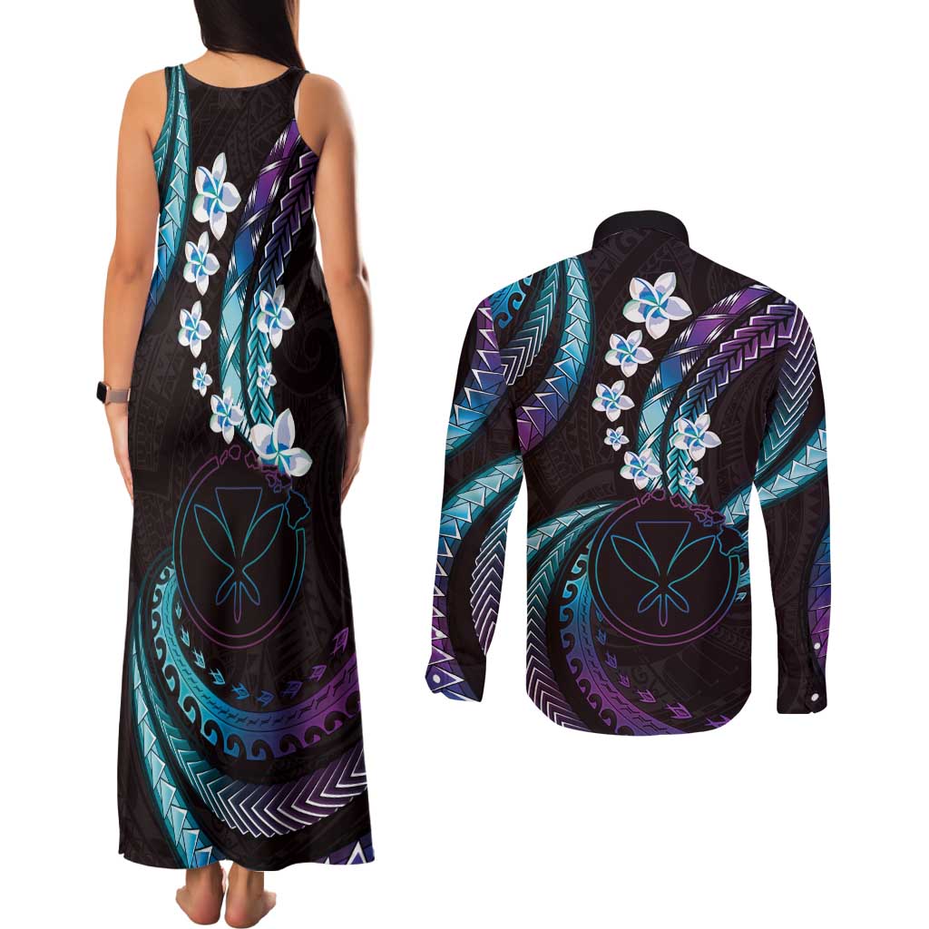 Hawaii Map Kanaka Maoli Couples Matching Tank Maxi Dress and Long Sleeve Button Shirt Fantastic Frangipani Amethyst Gradient