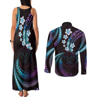Hawaii Map Kanaka Maoli Couples Matching Tank Maxi Dress and Long Sleeve Button Shirt Fantastic Frangipani Amethyst Gradient