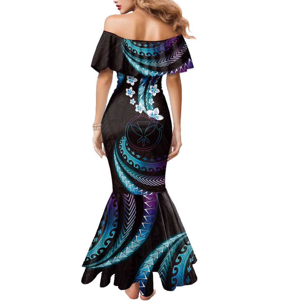 Hawaii Map Kanaka Maoli Family Matching Mermaid Dress and Hawaiian Shirt Fantastic Frangipani Amethyst Gradient