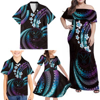 Hawaii Map Kanaka Maoli Family Matching Off Shoulder Maxi Dress and Hawaiian Shirt Fantastic Frangipani Amethyst Gradient
