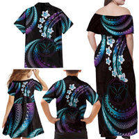 Hawaii Map Kanaka Maoli Family Matching Off Shoulder Maxi Dress and Hawaiian Shirt Fantastic Frangipani Amethyst Gradient