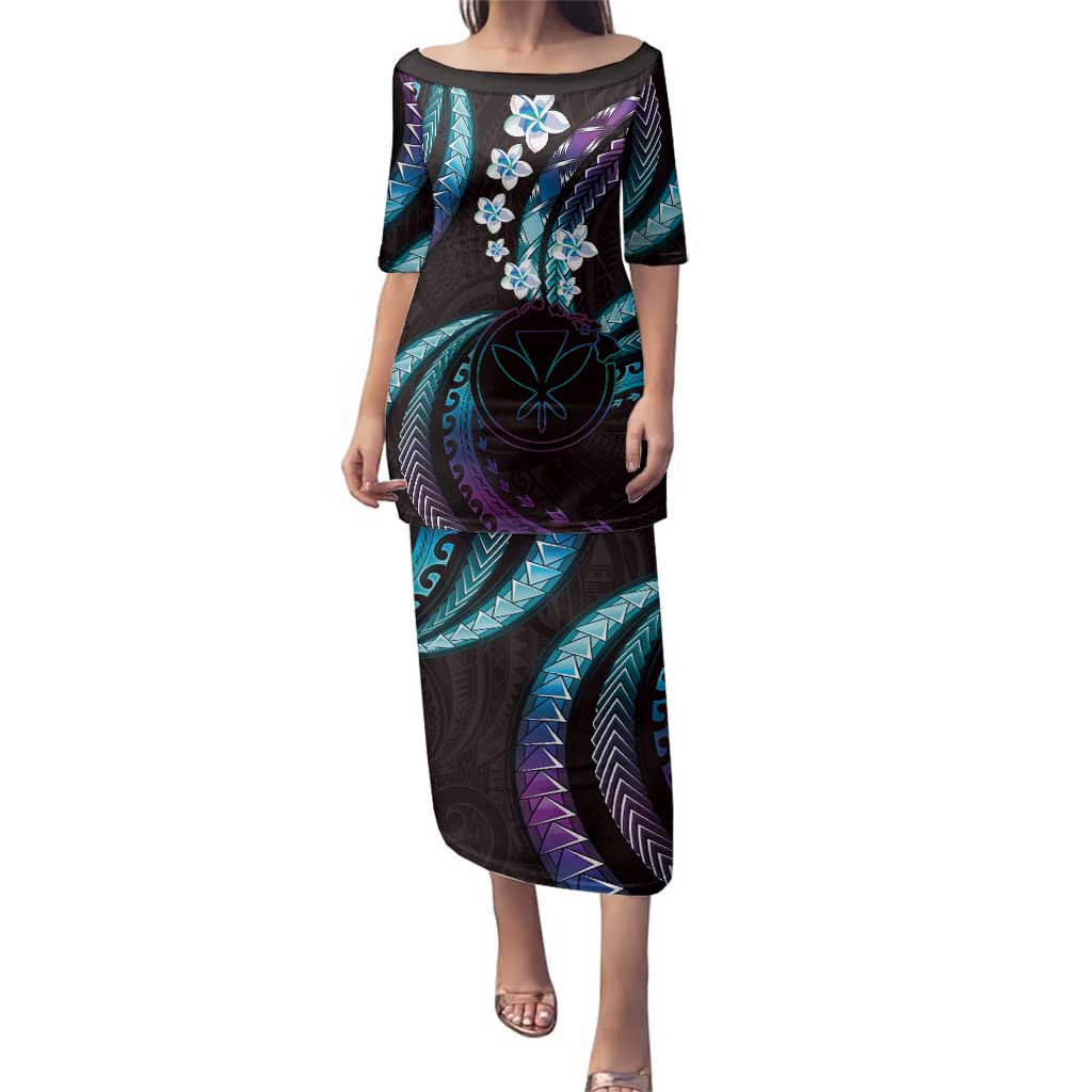 Hawaii Map Kanaka Maoli Family Matching Puletasi and Hawaiian Shirt Fantastic Frangipani Amethyst Gradient