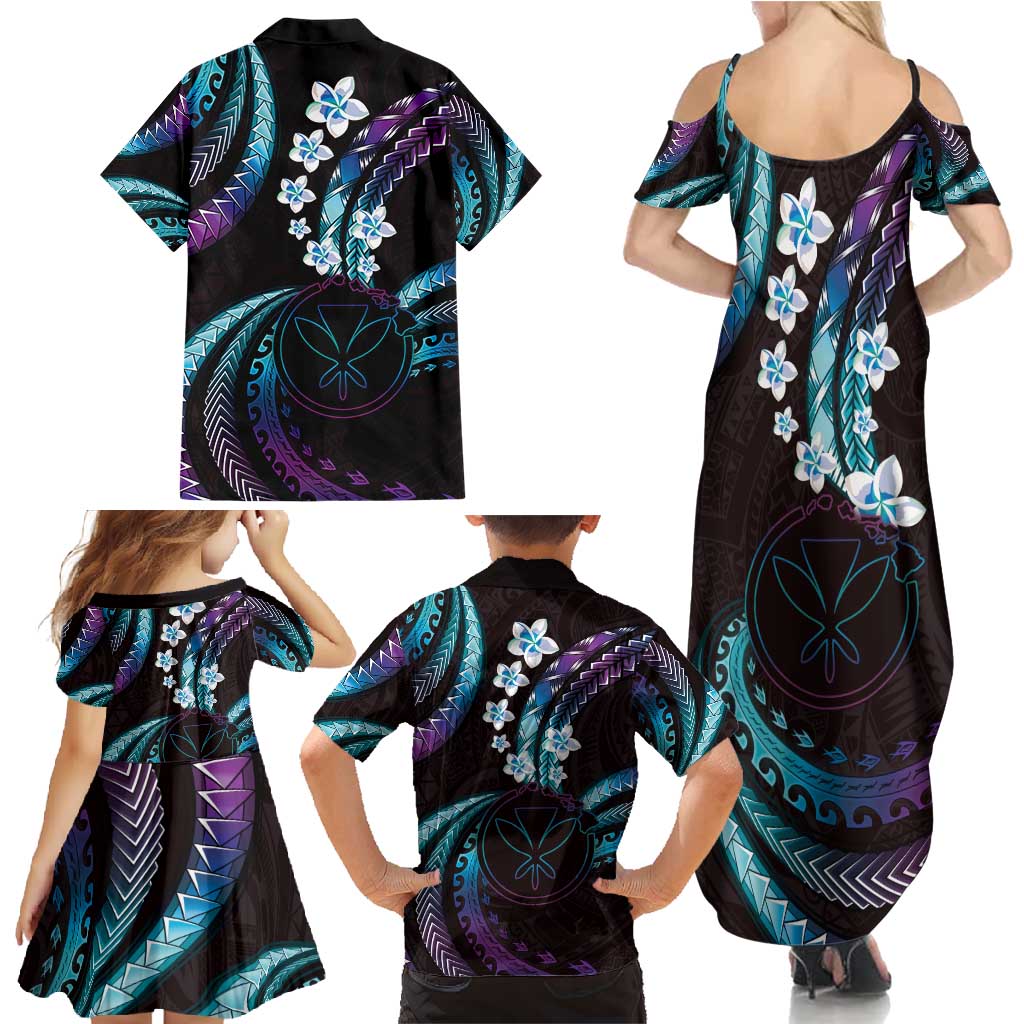 Hawaii Map Kanaka Maoli Family Matching Summer Maxi Dress and Hawaiian Shirt Fantastic Frangipani Amethyst Gradient