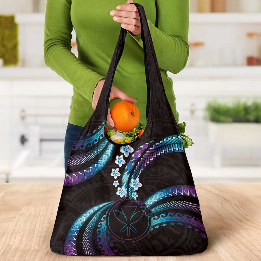 Hawaii Map Kanaka Maoli Grocery Bag Fantastic Frangipani Amethyst Gradient