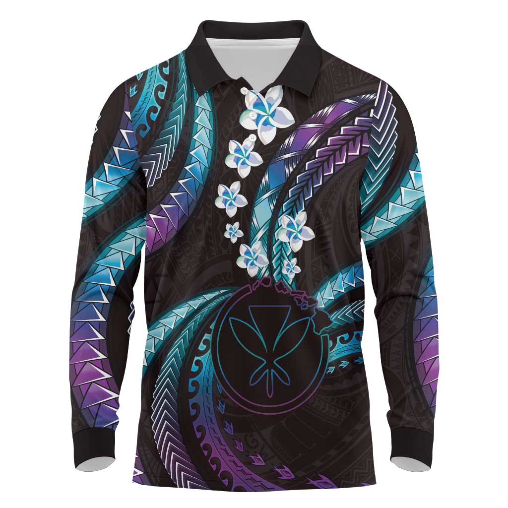 Hawaii Map Kanaka Maoli Long Sleeve Polo Shirt Fantastic Frangipani Amethyst Gradient
