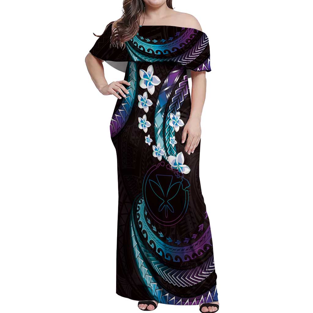 Hawaii Map Kanaka Maoli Off Shoulder Maxi Dress Fantastic Frangipani Amethyst Gradient