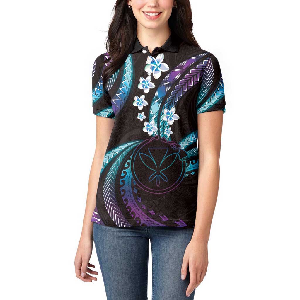 Hawaii Map Kanaka Maoli Women Polo Shirt Fantastic Frangipani Amethyst Gradient
