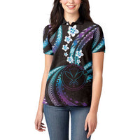 Hawaii Map Kanaka Maoli Women Polo Shirt Fantastic Frangipani Amethyst Gradient