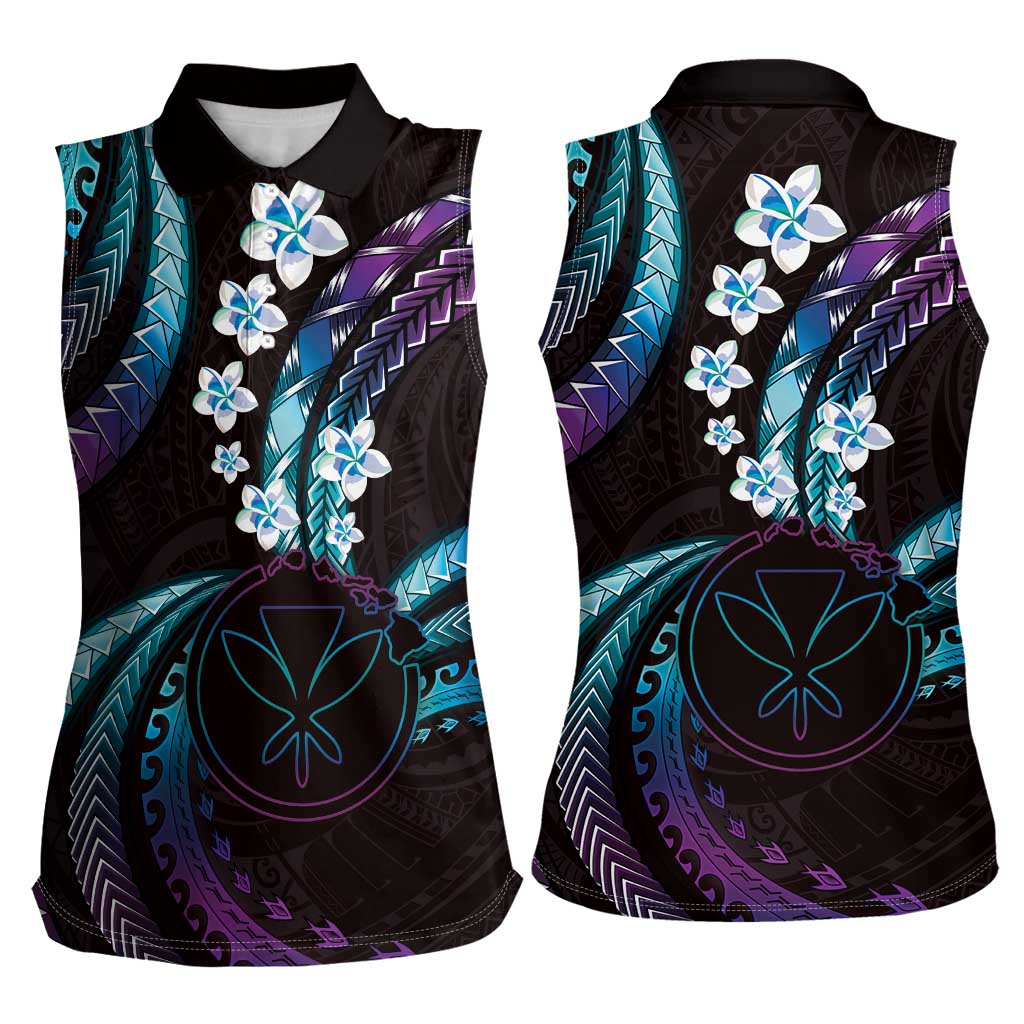 Hawaii Map Kanaka Maoli Women Sleeveless Polo Shirt Fantastic Frangipani Amethyst Gradient