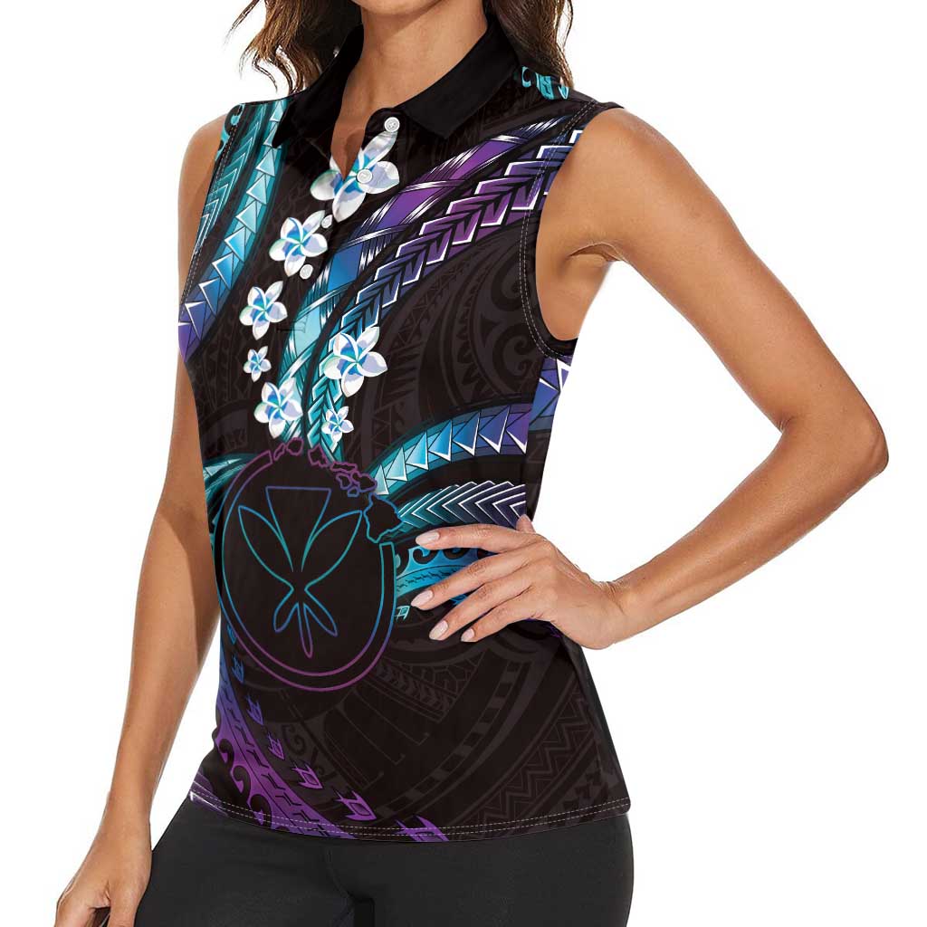 Hawaii Map Kanaka Maoli Women Sleeveless Polo Shirt Fantastic Frangipani Amethyst Gradient