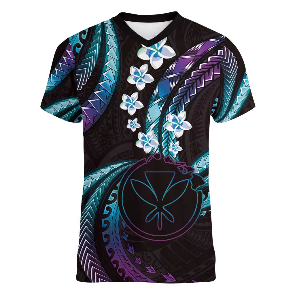 Hawaii Map Kanaka Maoli Women V-Neck T-Shirt Fantastic Frangipani Amethyst Gradient