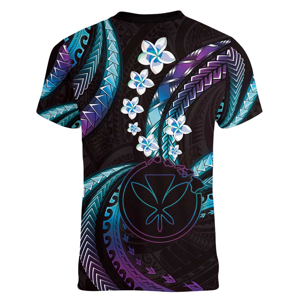 Hawaii Map Kanaka Maoli Women V-Neck T-Shirt Fantastic Frangipani Amethyst Gradient