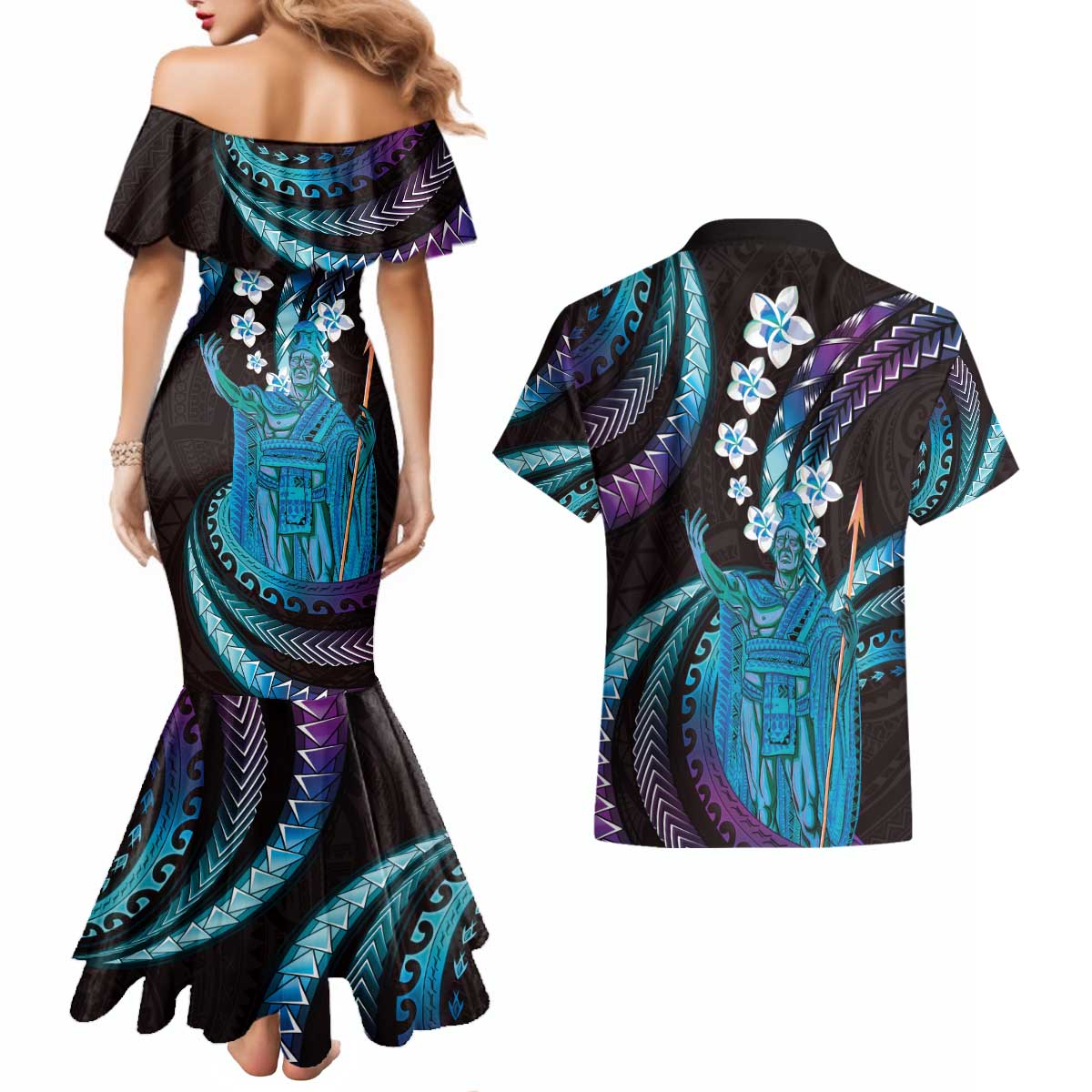 Hawaii King Kamehameha Couples Matching Mermaid Dress and Hawaiian Shirt Fantastic Plumeria Amethyst Gradient