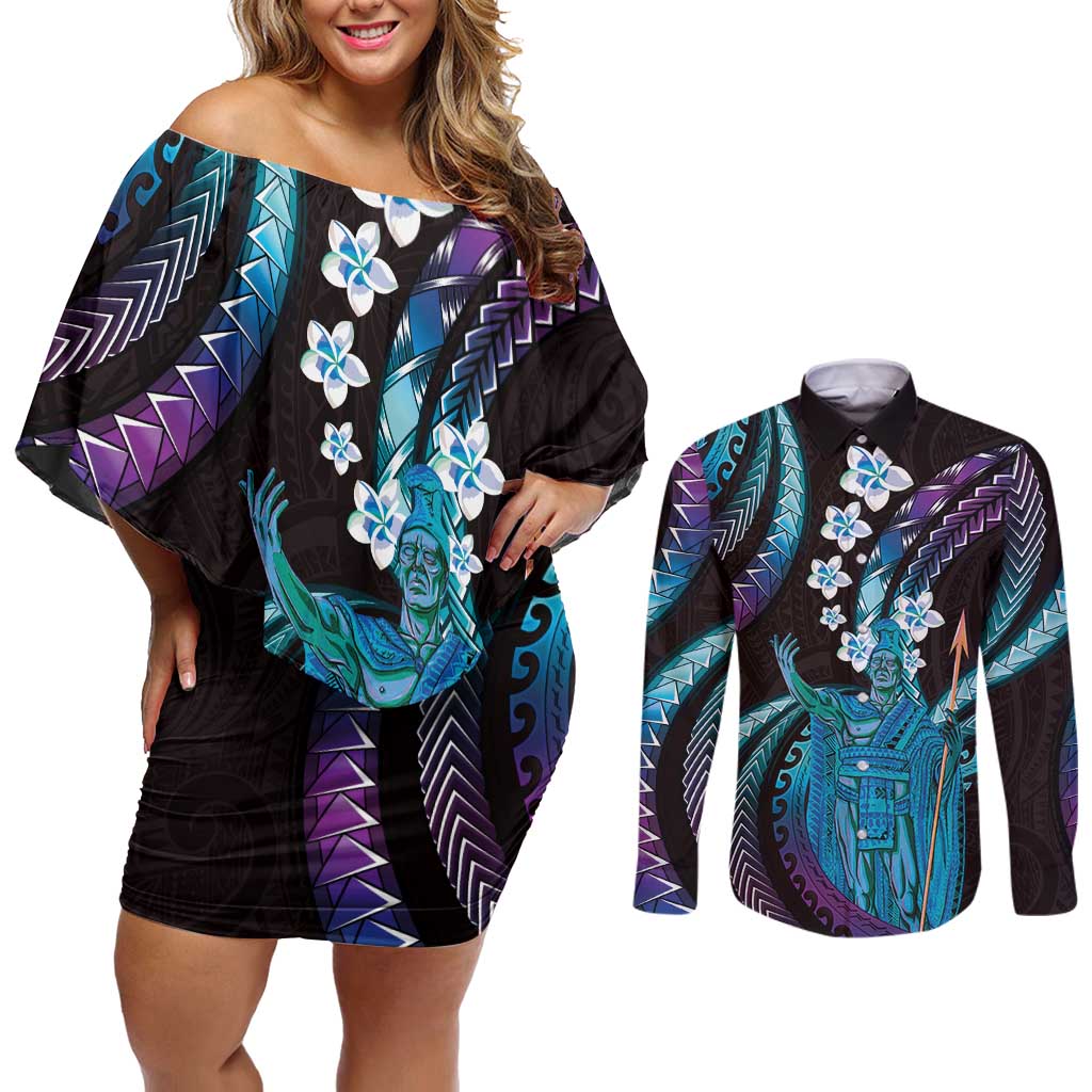 Hawaii King Kamehameha Couples Matching Off Shoulder Short Dress and Long Sleeve Button Shirt Fantastic Plumeria Amethyst Gradient