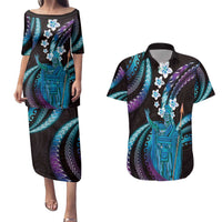 Hawaii King Kamehameha Couples Matching Puletasi and Hawaiian Shirt Fantastic Plumeria Amethyst Gradient