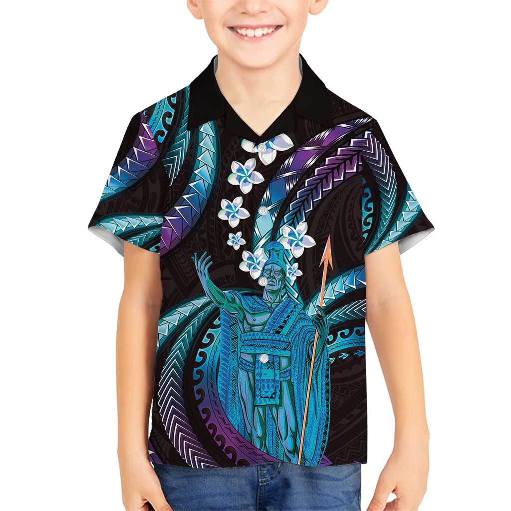 Hawaii King Kamehameha Family Matching Long Sleeve Bodycon Dress and Hawaiian Shirt Fantastic Plumeria Amethyst Gradient