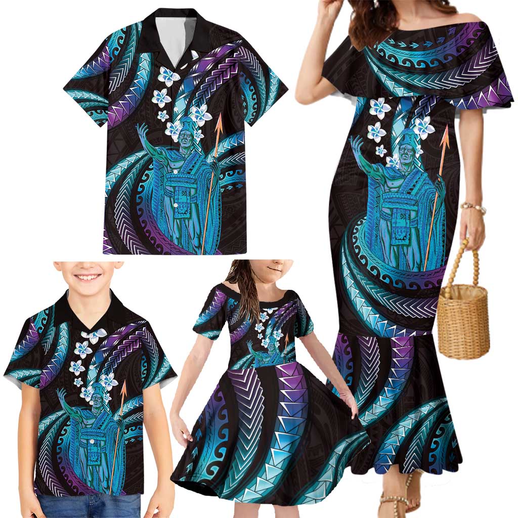 Hawaii King Kamehameha Family Matching Mermaid Dress and Hawaiian Shirt Fantastic Plumeria Amethyst Gradient