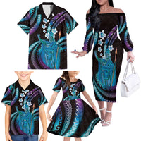 Hawaii King Kamehameha Family Matching Off The Shoulder Long Sleeve Dress and Hawaiian Shirt Fantastic Plumeria Amethyst Gradient