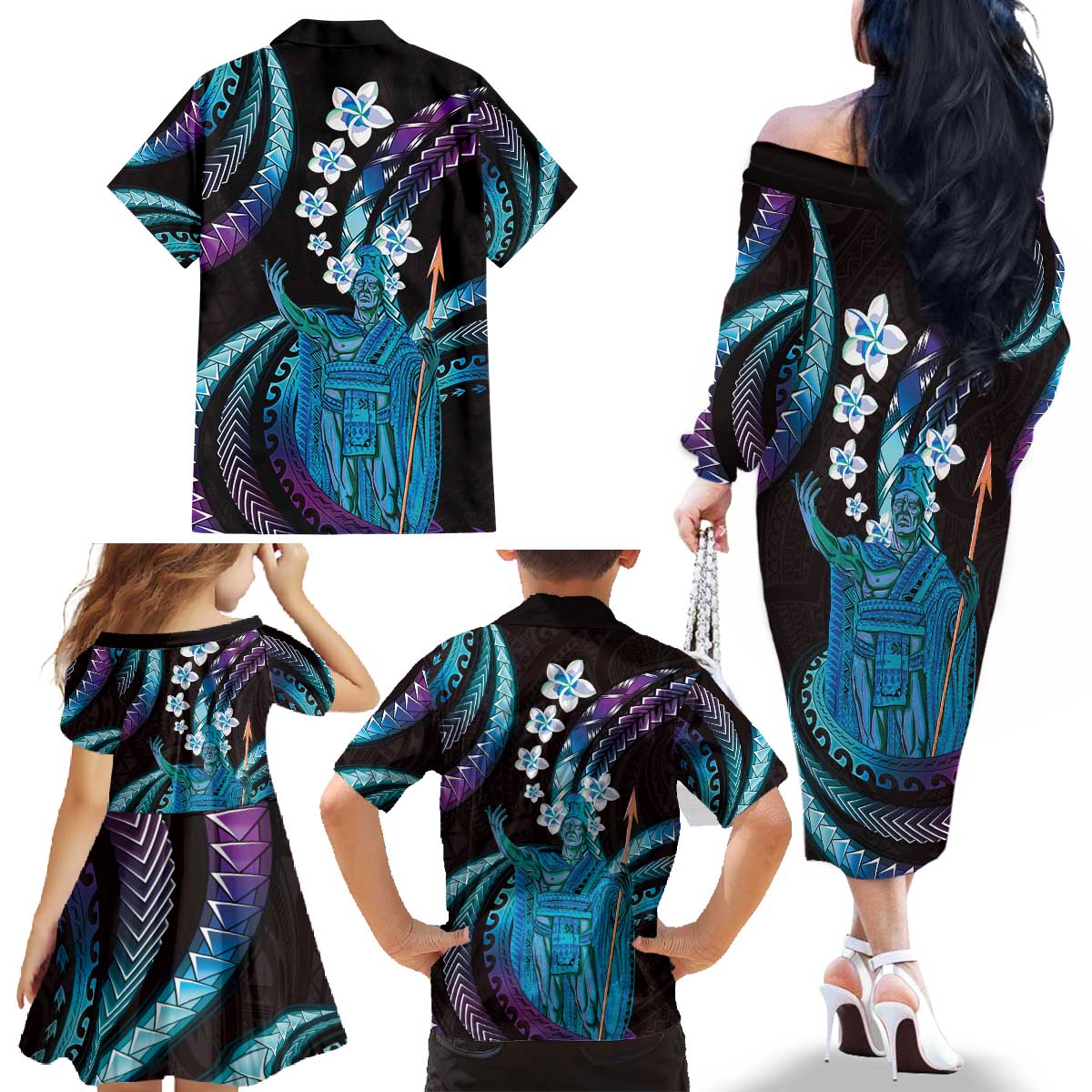Hawaii King Kamehameha Family Matching Off The Shoulder Long Sleeve Dress and Hawaiian Shirt Fantastic Plumeria Amethyst Gradient