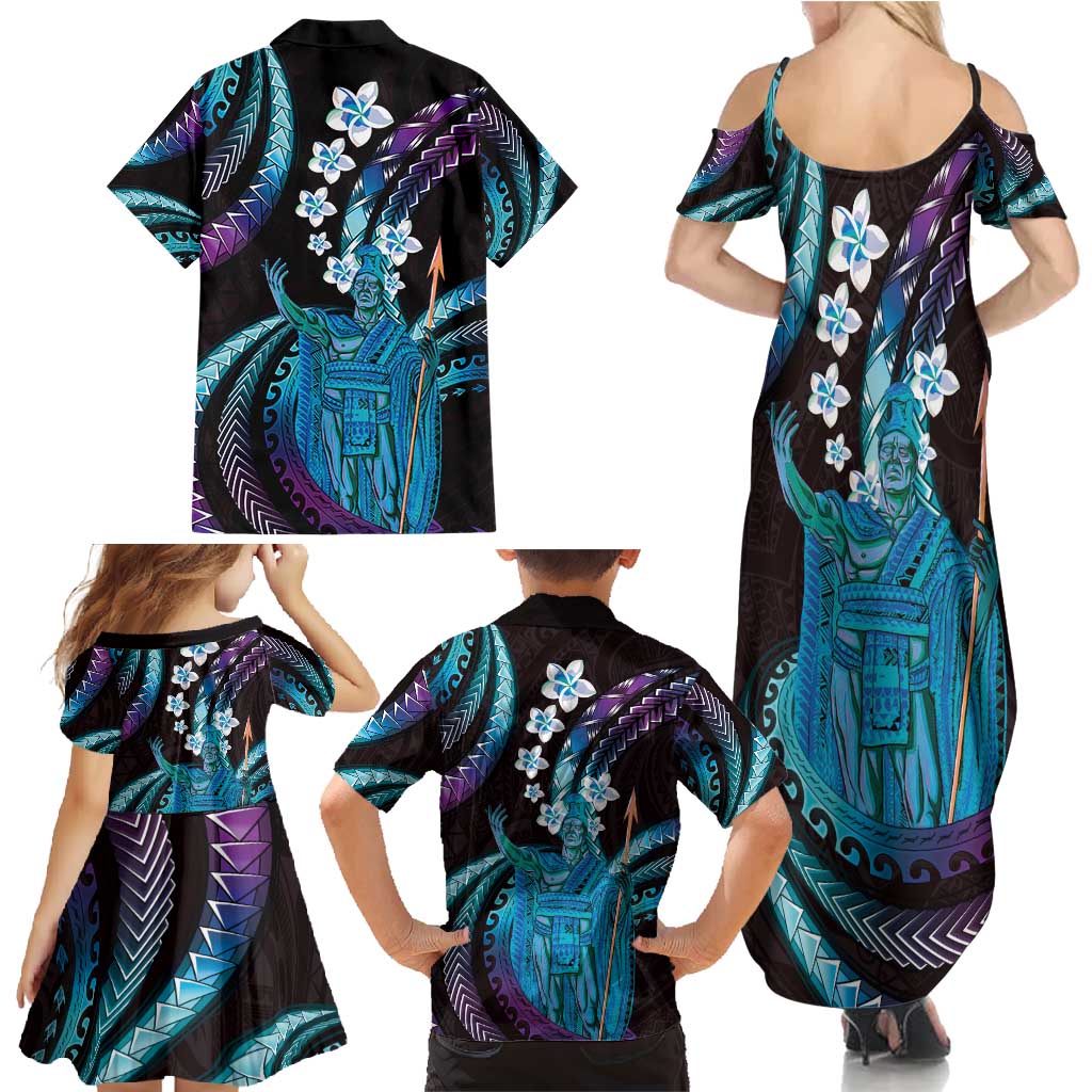 Hawaii King Kamehameha Family Matching Summer Maxi Dress and Hawaiian Shirt Fantastic Plumeria Amethyst Gradient
