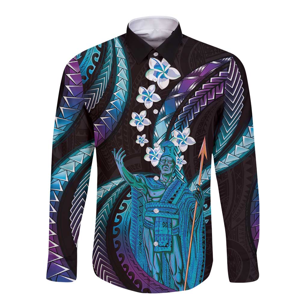 Hawaii King Kamehameha Long Sleeve Button Shirt Fantastic Plumeria Amethyst Gradient