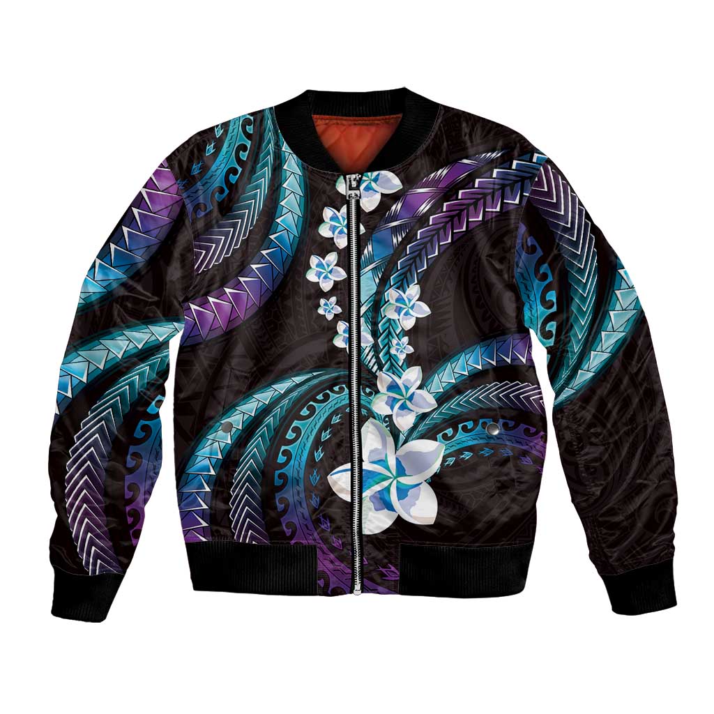 Hawaii Plumeria Bomber Jacket Amethyst Gradient Polynesian Pattern